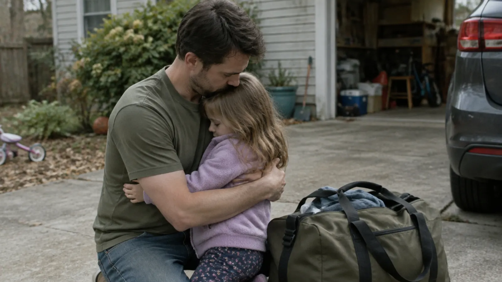 A father in an olive t-shirt kneels in a driveway hugging his young daughter beside a packed duffel bag.