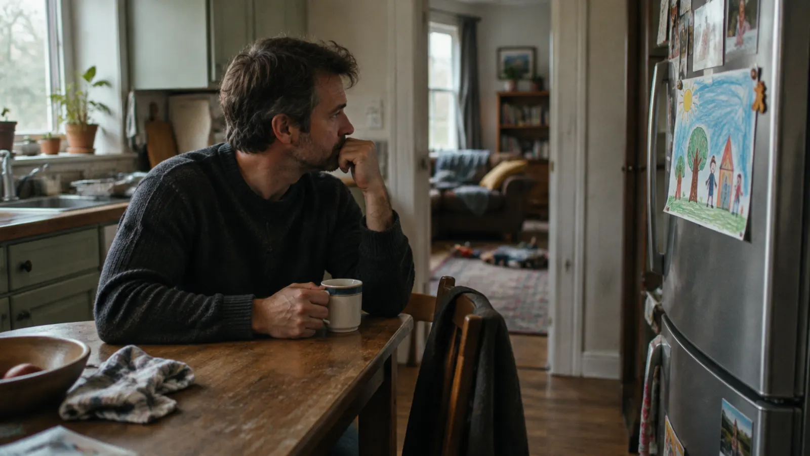 A father sits at a kitchen table with a mug, looking at a child's crayon drawing on the refrigerator.