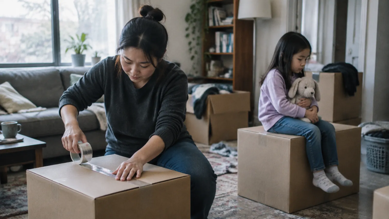 A mother tapes up a cardboard moving box in a half packed living room while her daughter sits on another box hugging a stuffed rabbit.