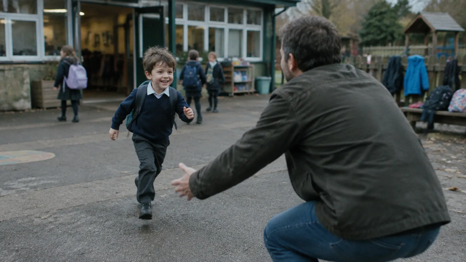 A father crouches with open arms as his son runs toward him across the school playground.