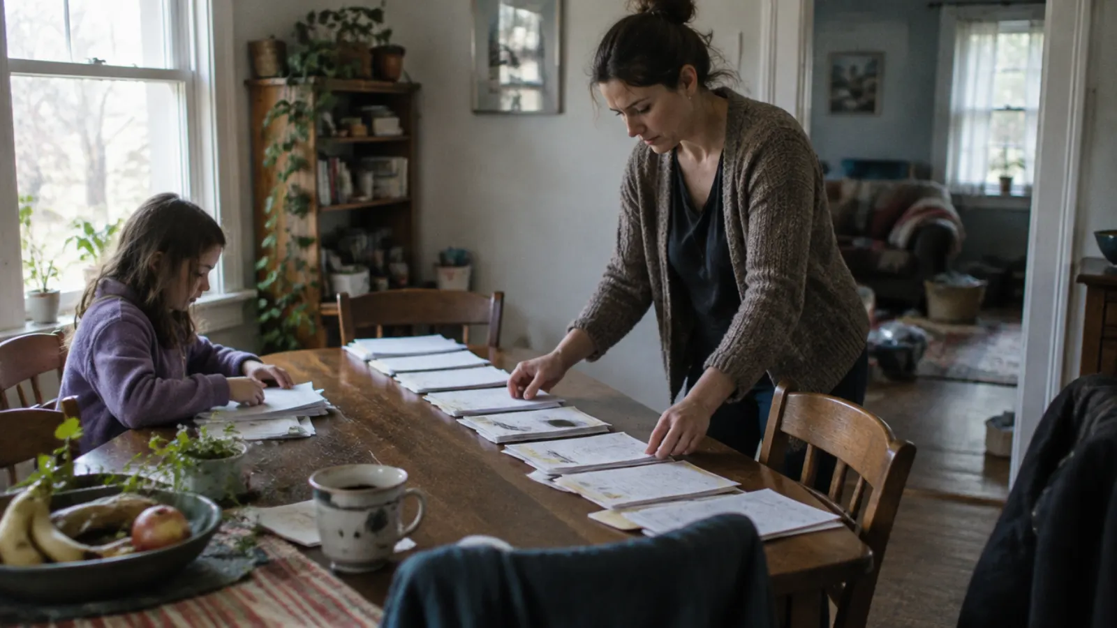 A mother lays out stacks of papers in a long row across a dining table while her daughter sorts pages at the far end.