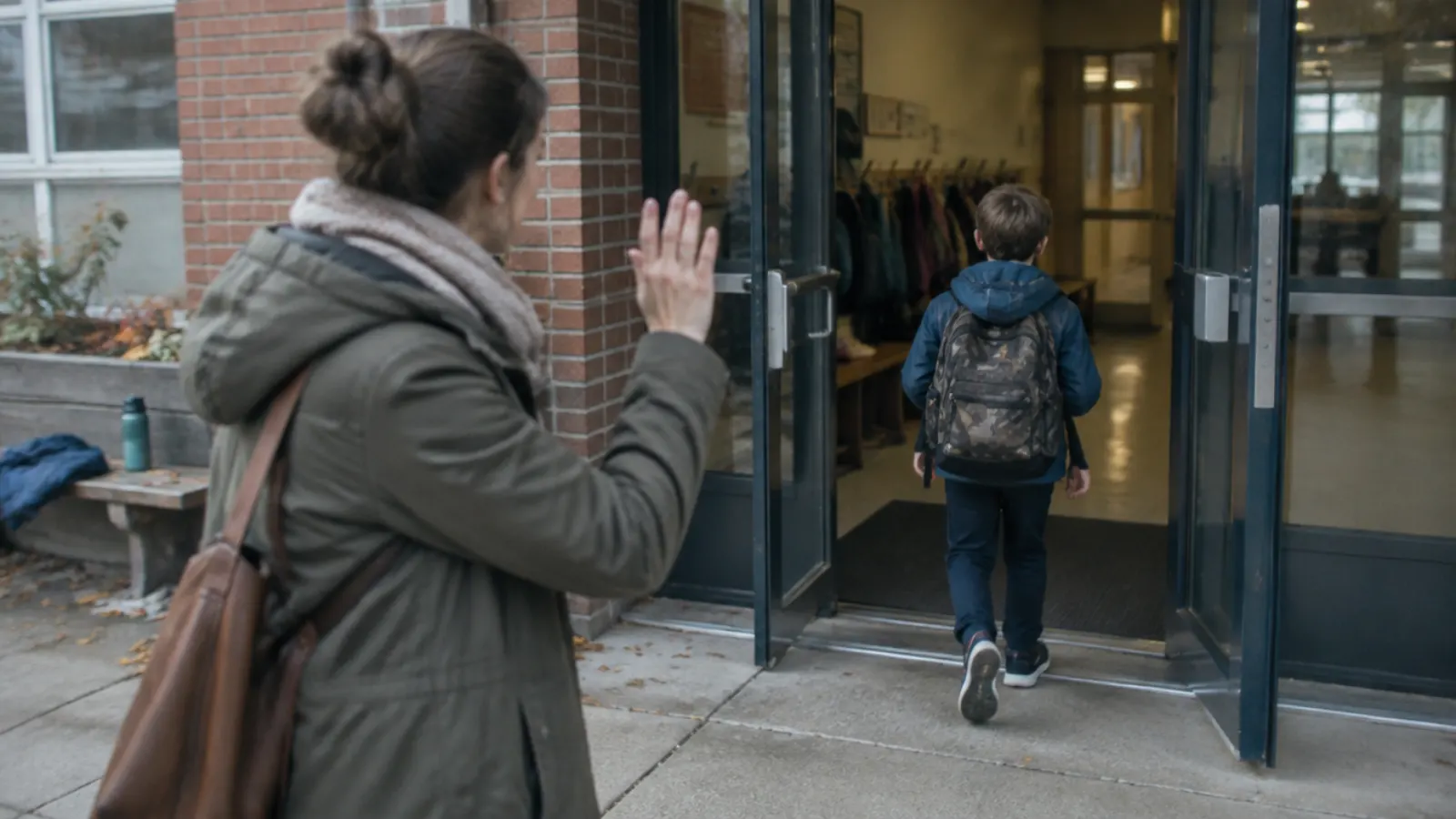 A mother waves as her son walks through the front doors of his school.