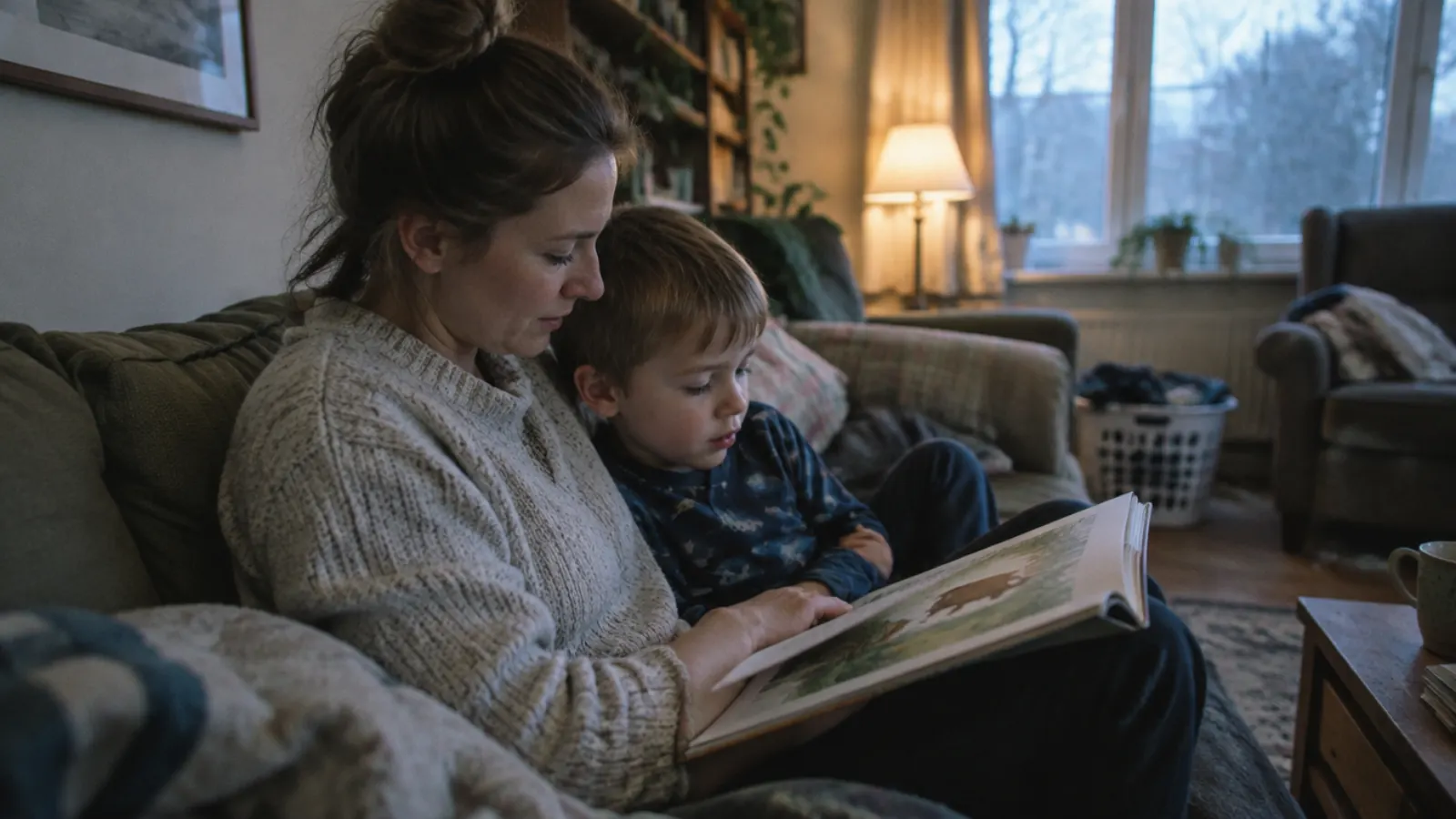 A mother reads a picture book to her young son on a sofa in a lamplit living room in the evening.