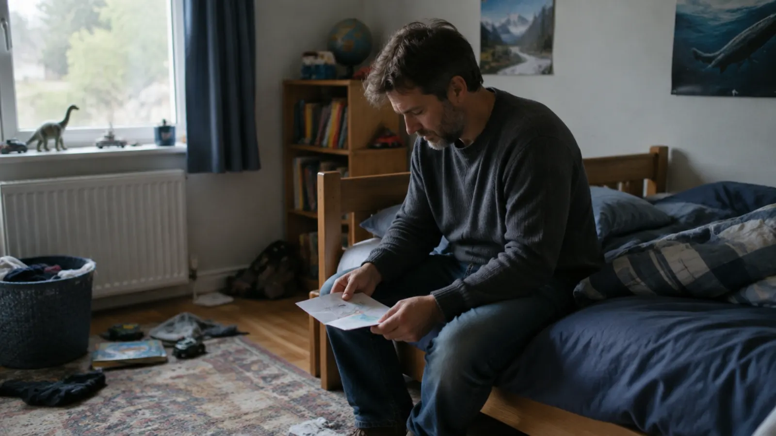 A father sits on the edge of his son's empty bed looking at a folded drawing in his hands.