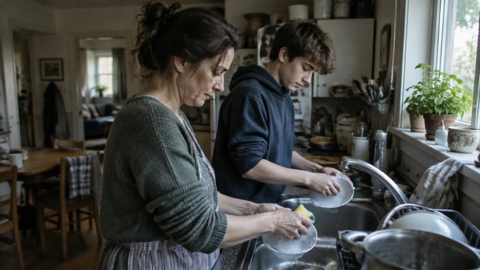 A mother and her teenage son wash and dry dishes side by side at the kitchen sink.