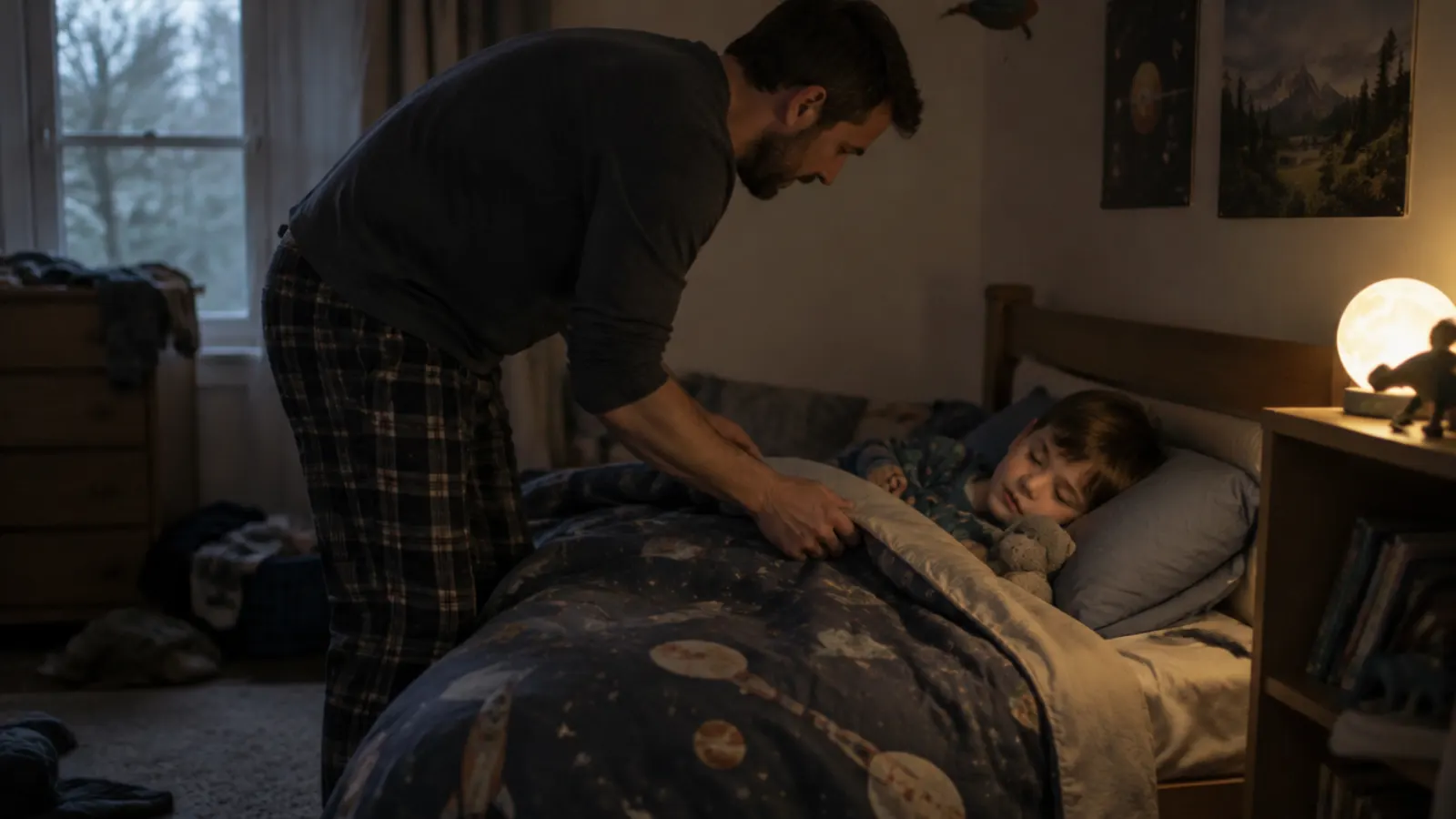 A father tucks his sleeping son into bed in a dim bedroom lit by a round night light.