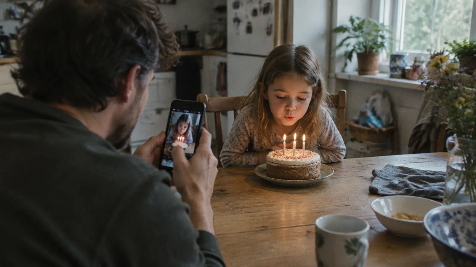 A father photographs his daughter with his phone as she blows out the candles on a small birthday cake.