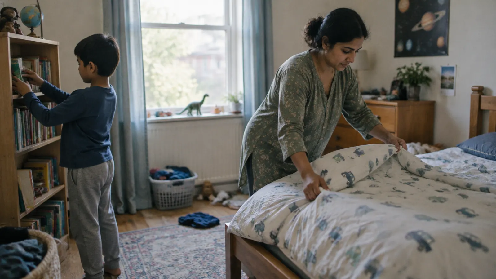 A mother makes her son's bed while he puts books back on a shelf in his bedroom.