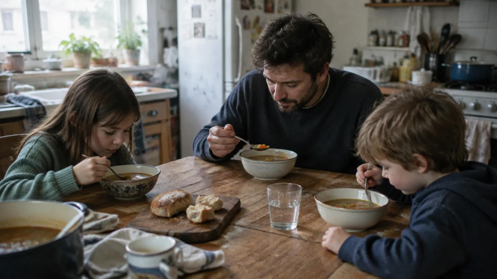 A father and his two children eat bowls of soup with bread at a wooden kitchen table.