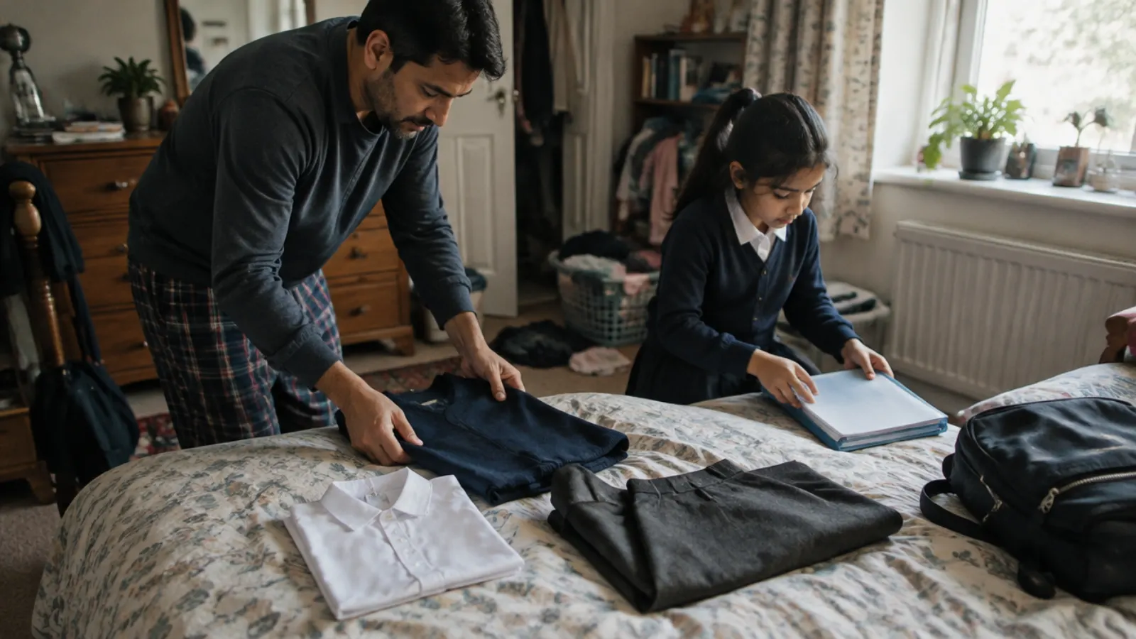 A father lays out school clothes on a bed while his daughter in her uniform sets a folder down beside them.