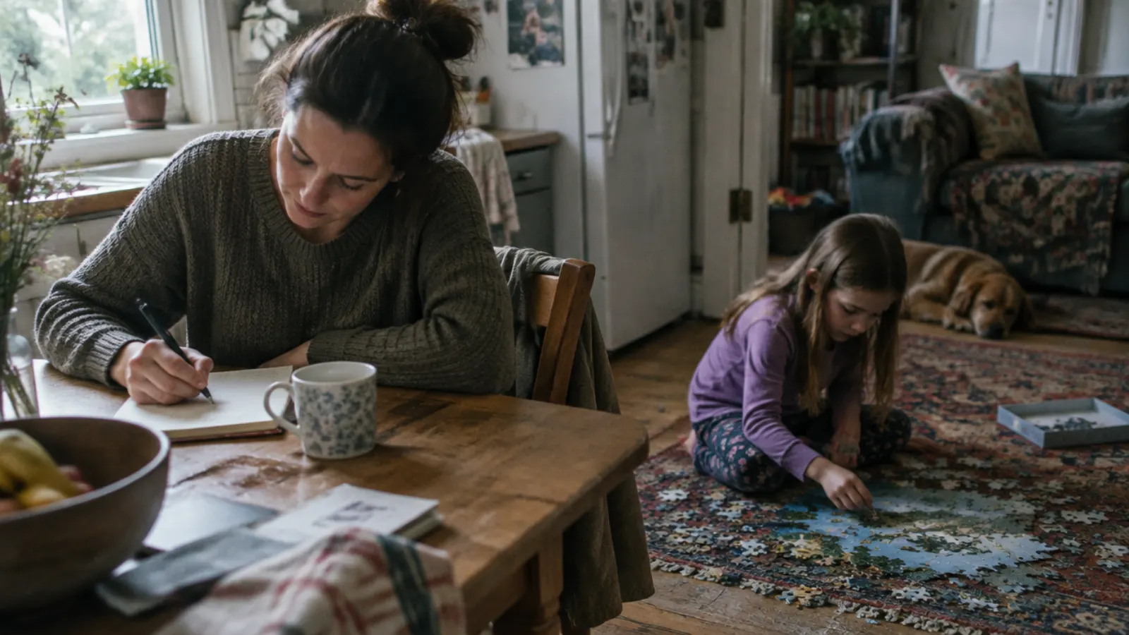 A mother writes notes at the kitchen table while her daughter works on a puzzle on the rug.