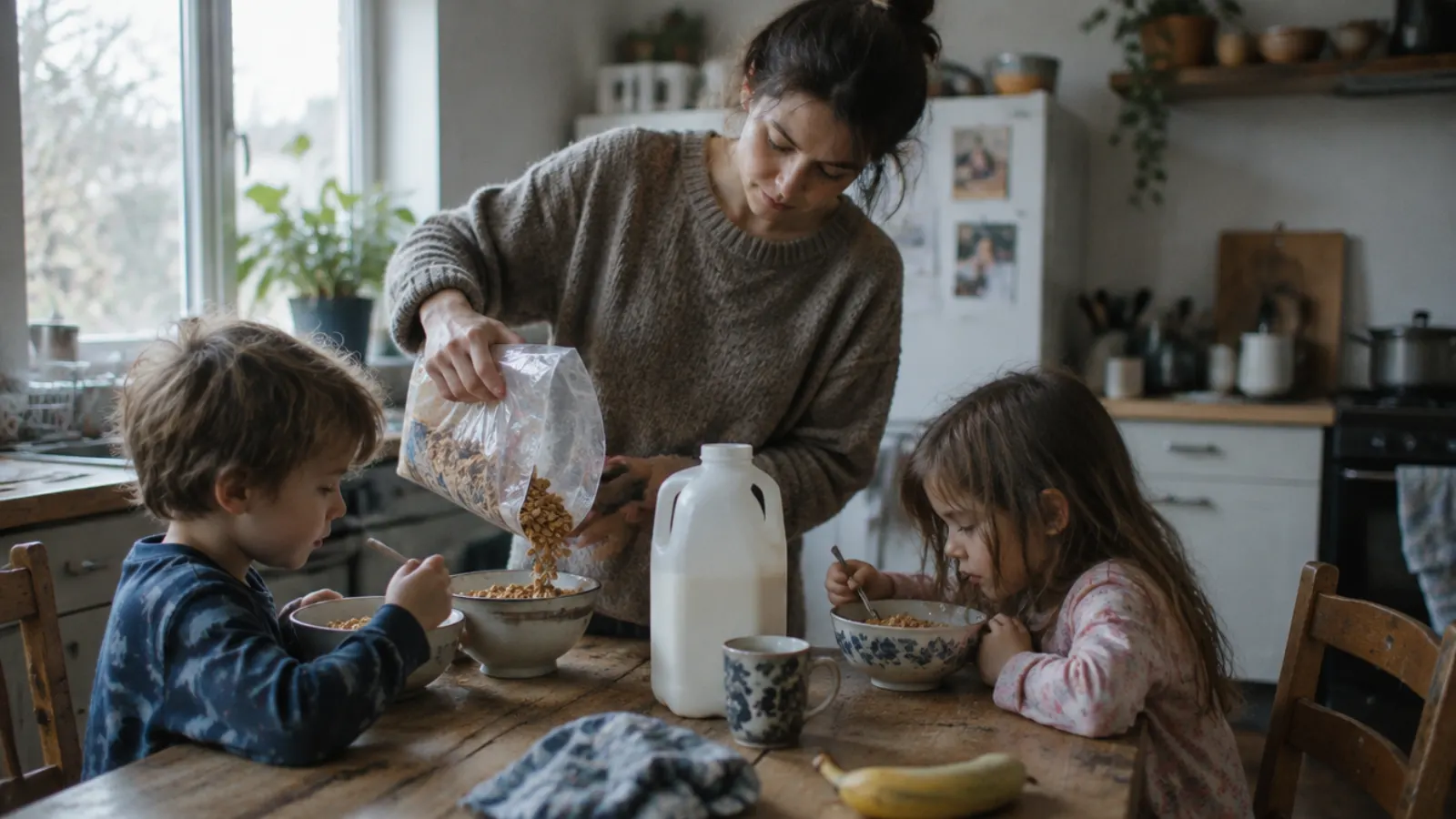A mother pours cereal into bowls for her two children at the kitchen table.