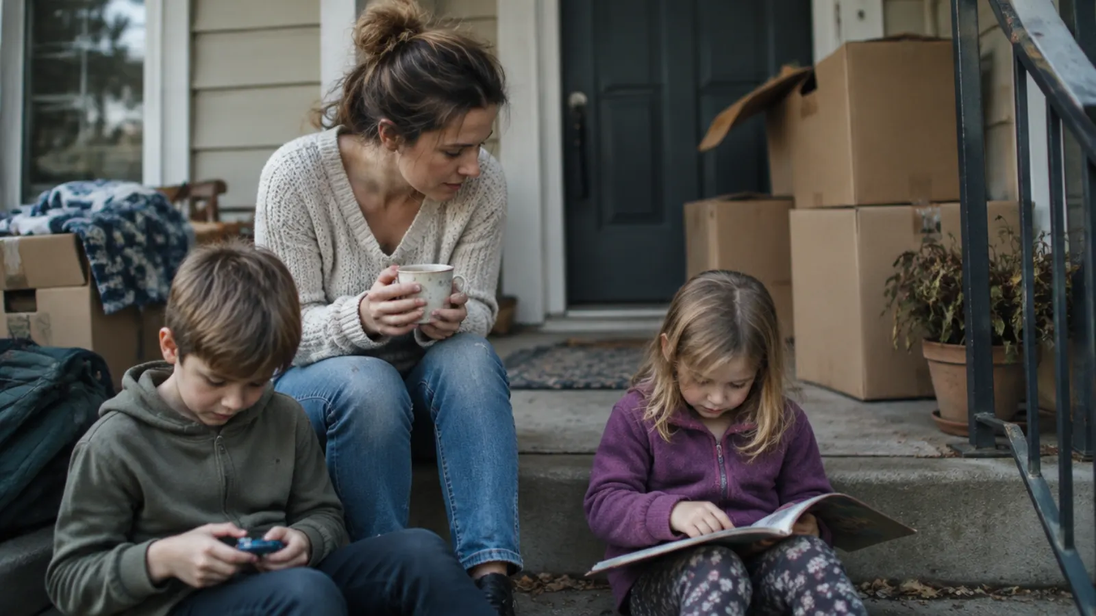 A mother sits on the front steps of a house with her son and daughter, moving boxes stacked by the door.