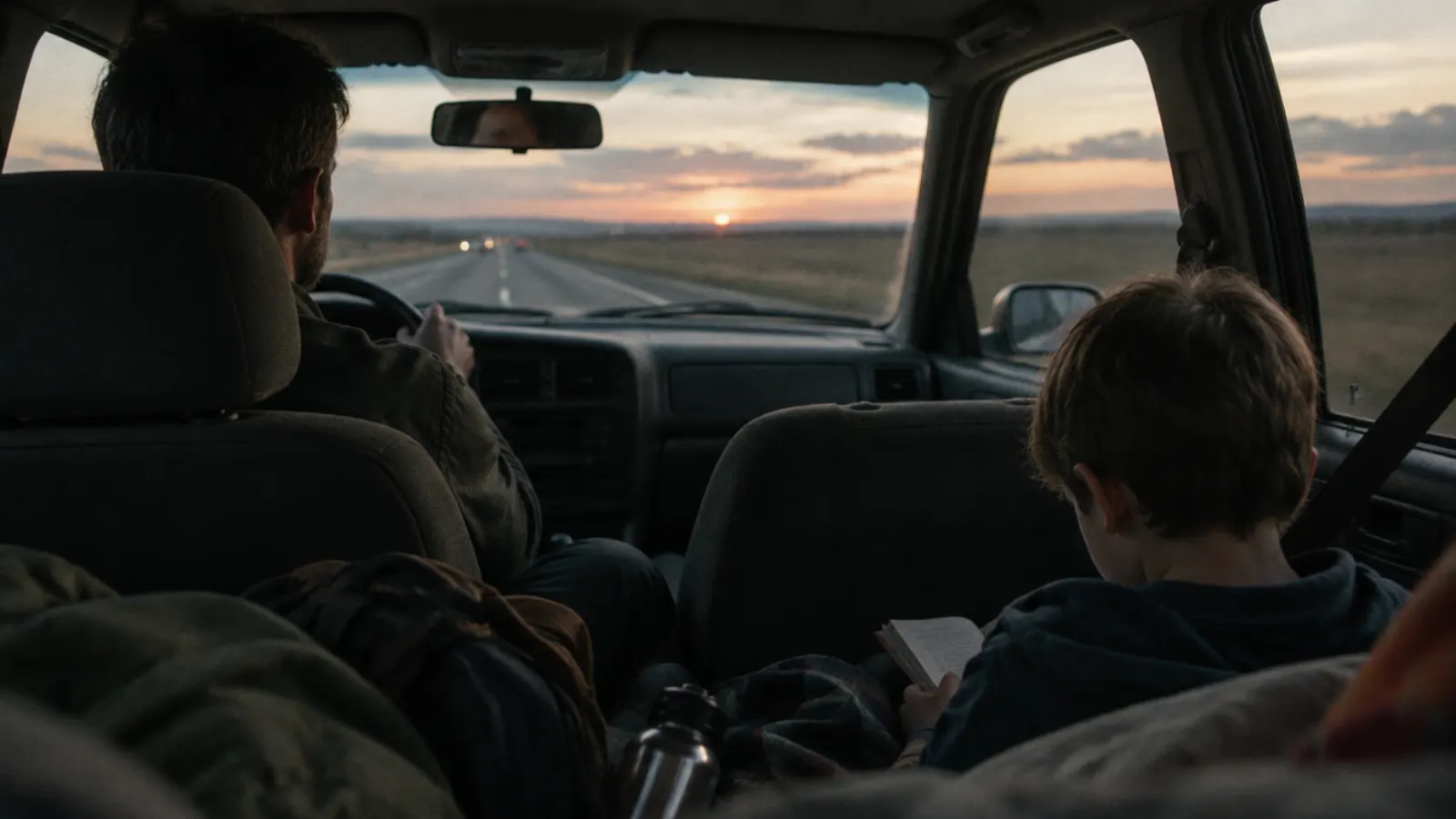A father drives down a long highway at dusk while his son reads a book in the back seat, seen from behind.