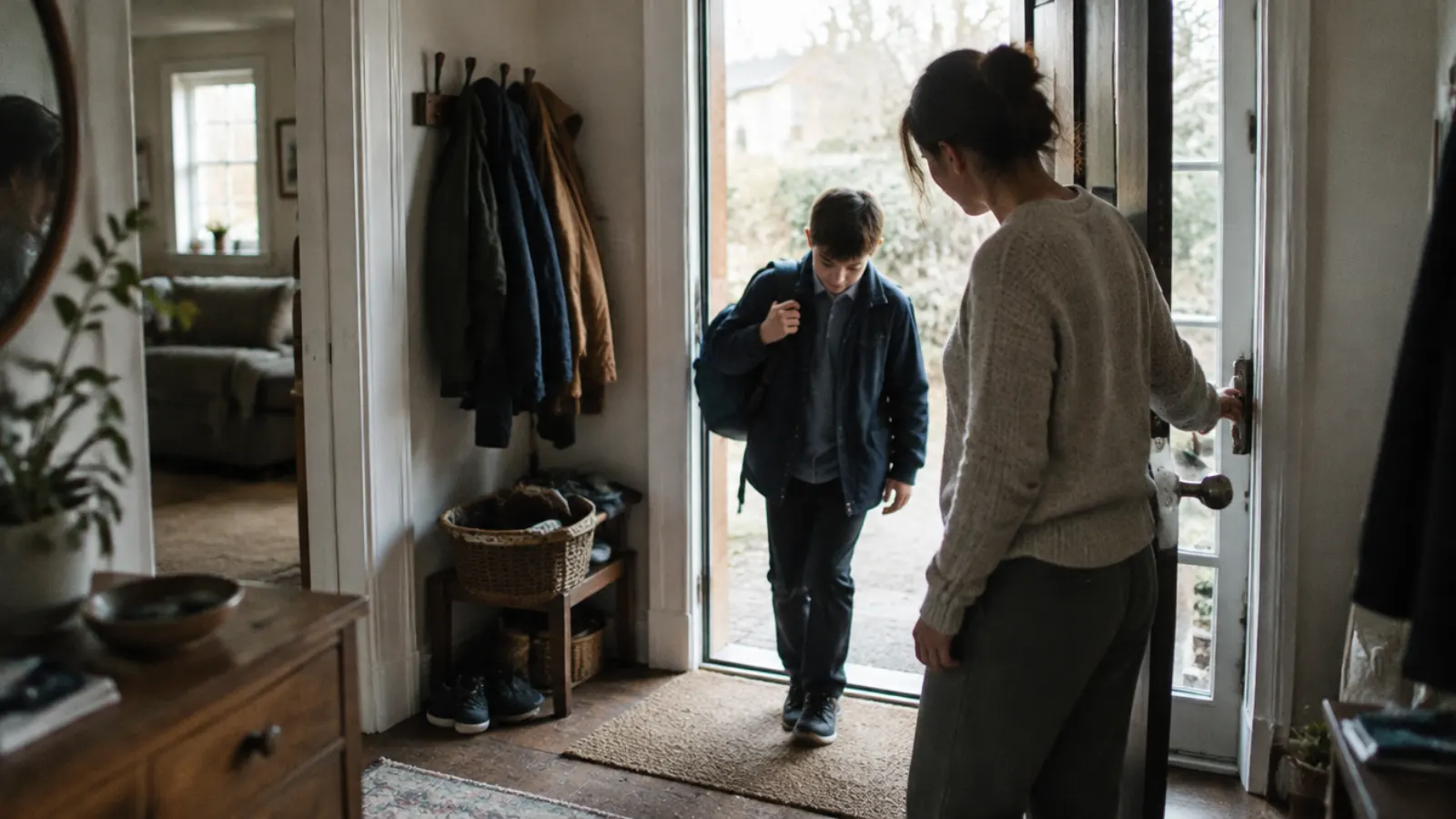 A mother holds the front door open as her son walks in from school with a backpack over his shoulder.