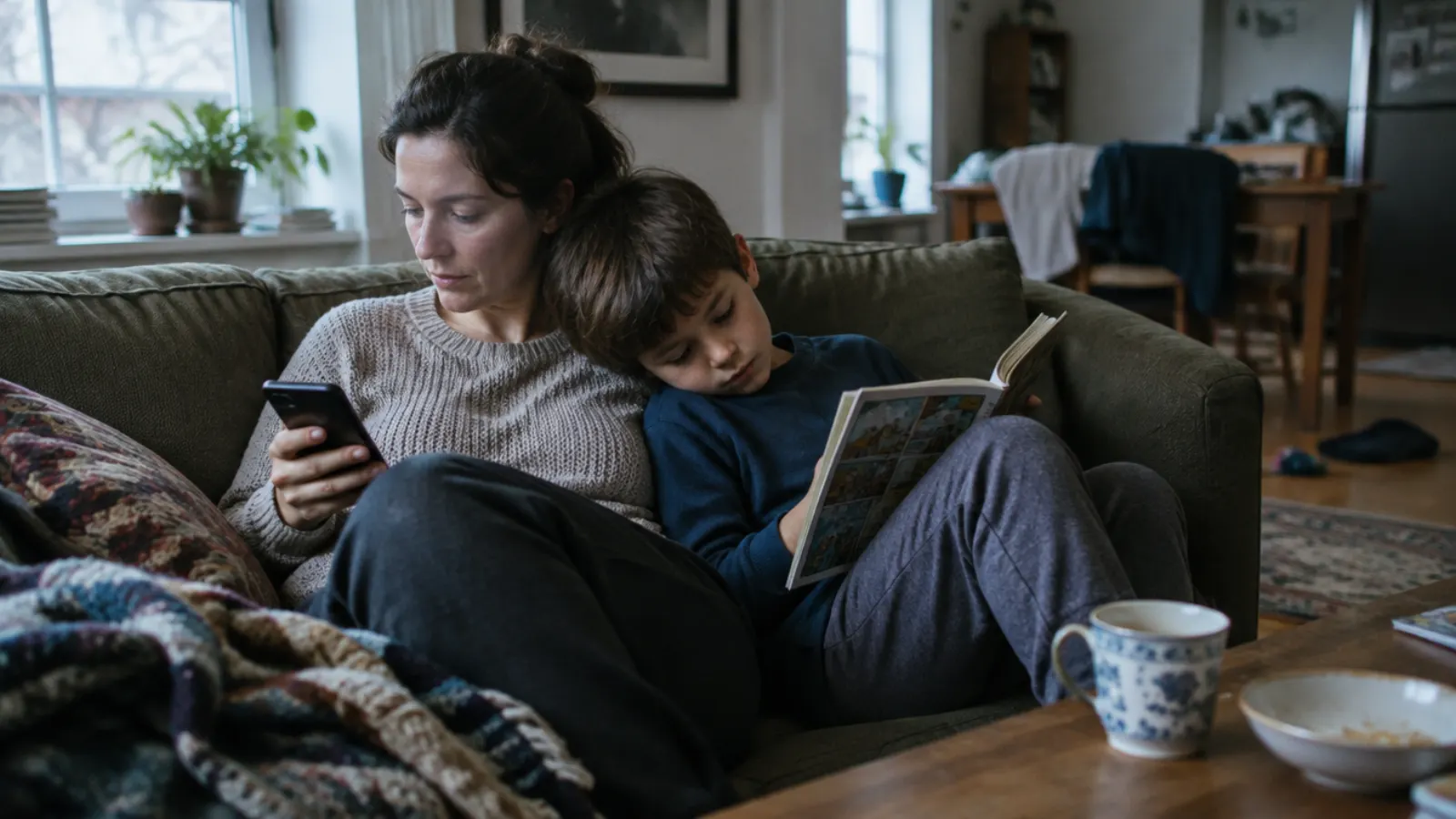 A mother looks at her phone on the sofa while her son leans on her shoulder reading a comic.