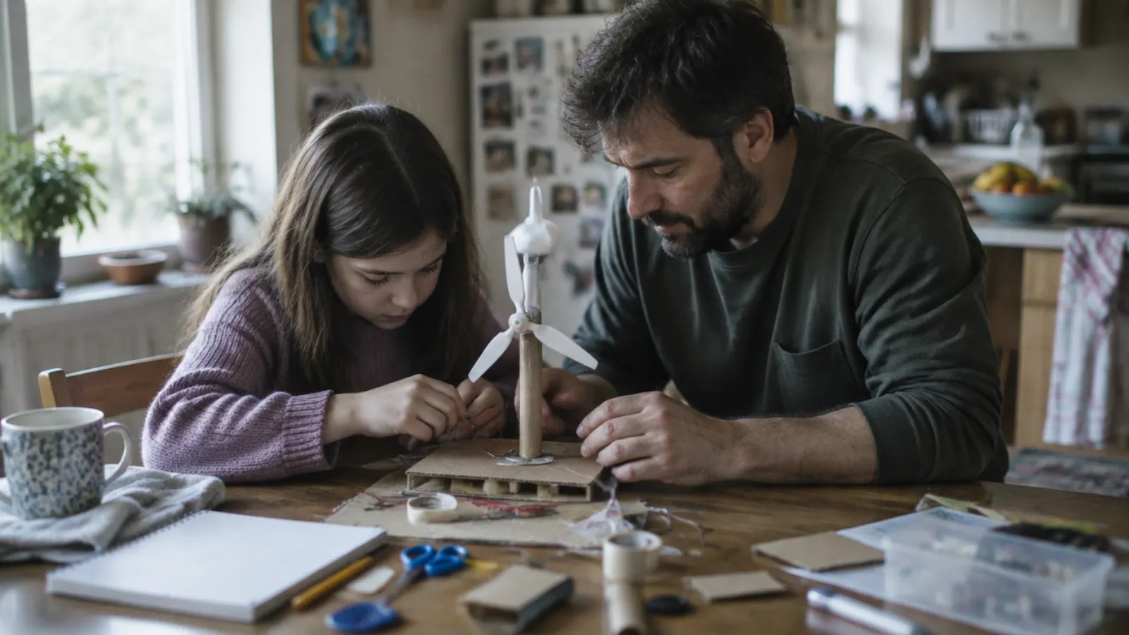 A father and his daughter build a small cardboard wind turbine together at the kitchen table.