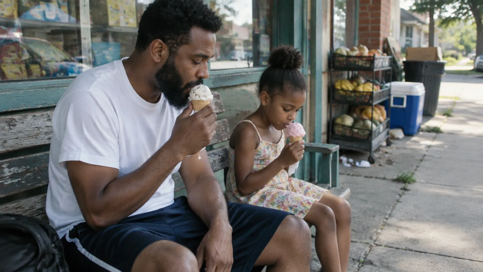 A father and his daughter eat ice cream cones on a bench outside a corner shop.