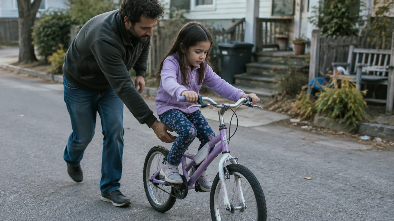 A father steadies his daughter as she rides a bicycle along a quiet street.