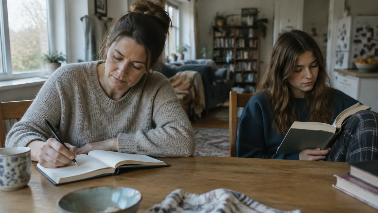 A mother writes in a hardbound journal at a wooden table while her teenage daughter reads a book beside her.
