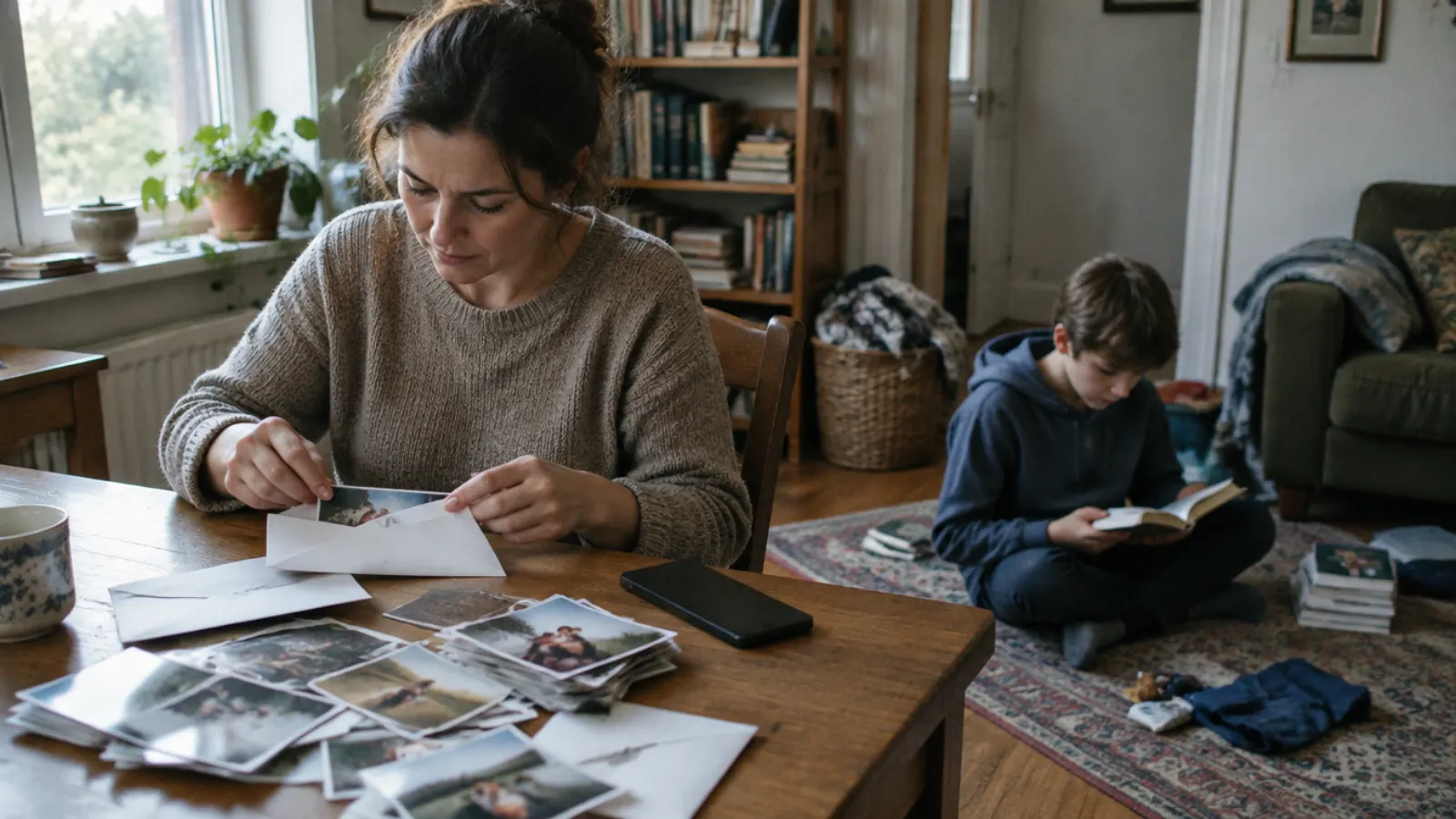 A mother sorts printed photographs into an envelope at a table, her phone face down, while her son reads on the rug.