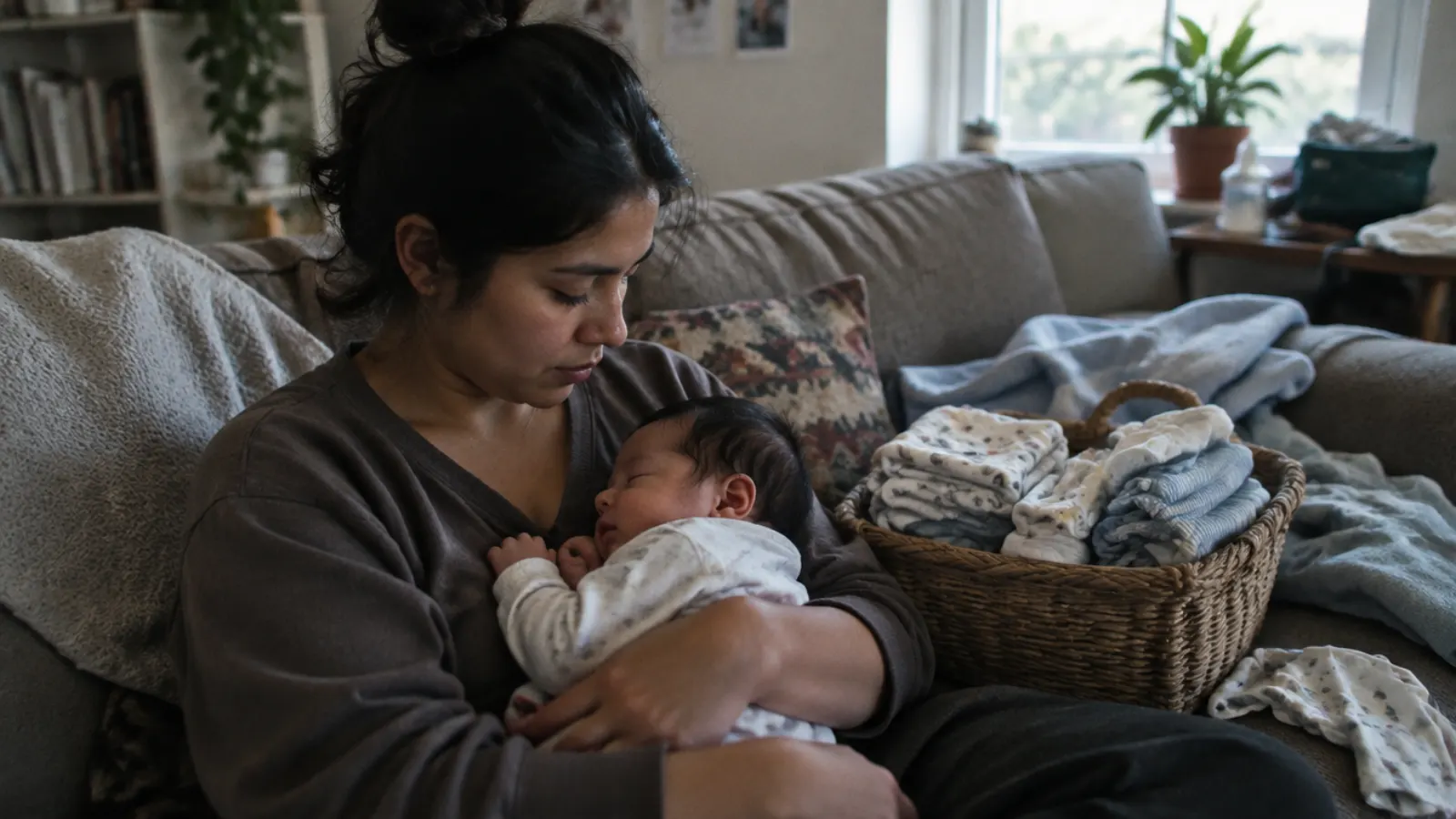 A young mother holds her sleeping newborn on the sofa beside a basket of folded baby clothes.