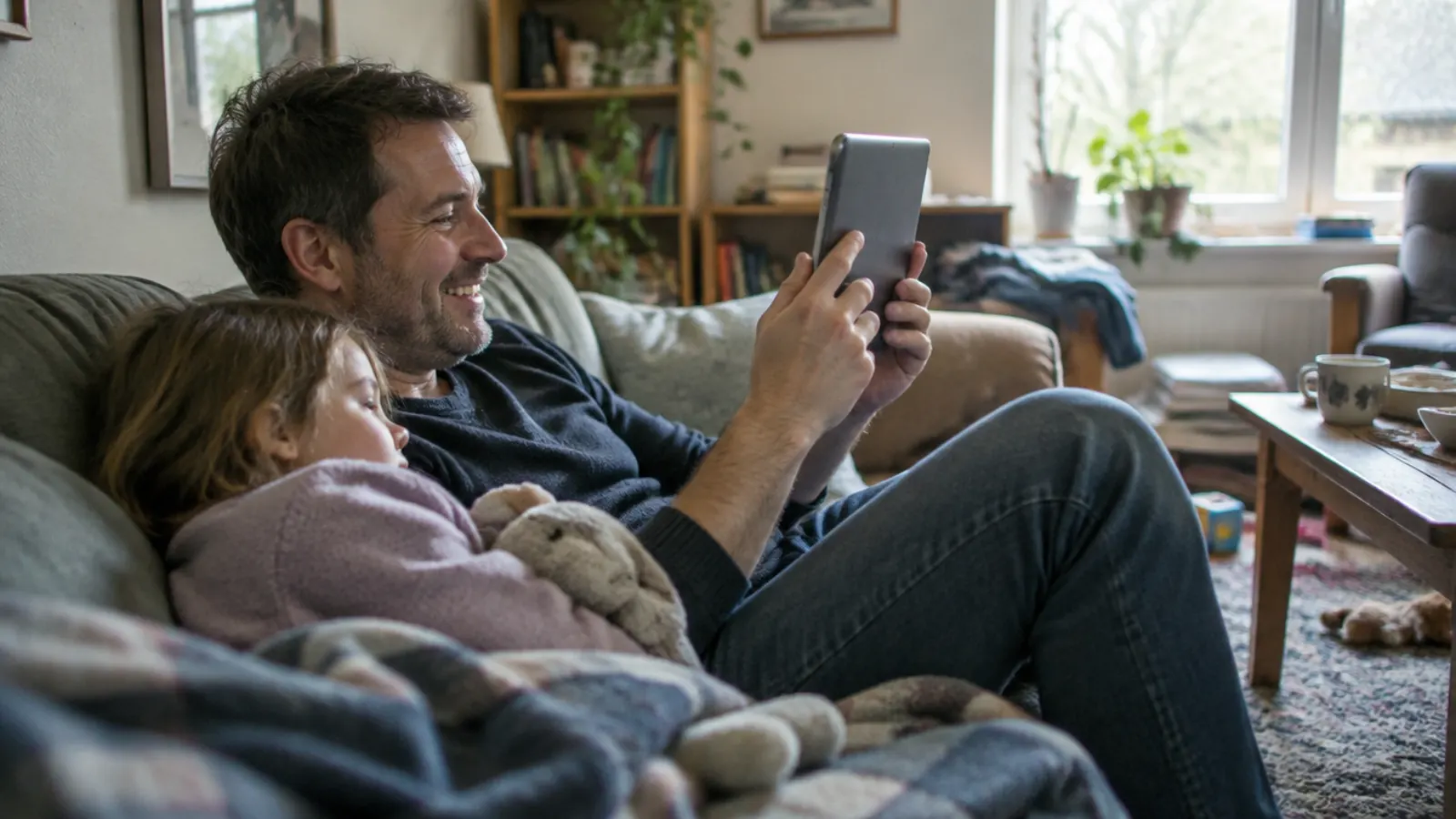 A father smiles at a tablet on the sofa while his daughter dozes against his shoulder.