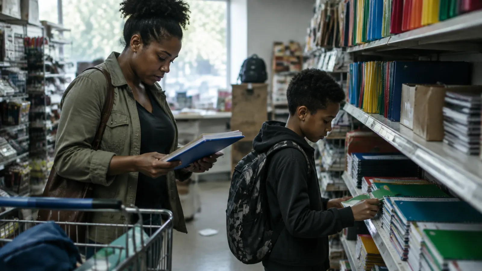 A mother and her son browse notebooks and folders in a school supplies aisle, a shopping cart beside them.