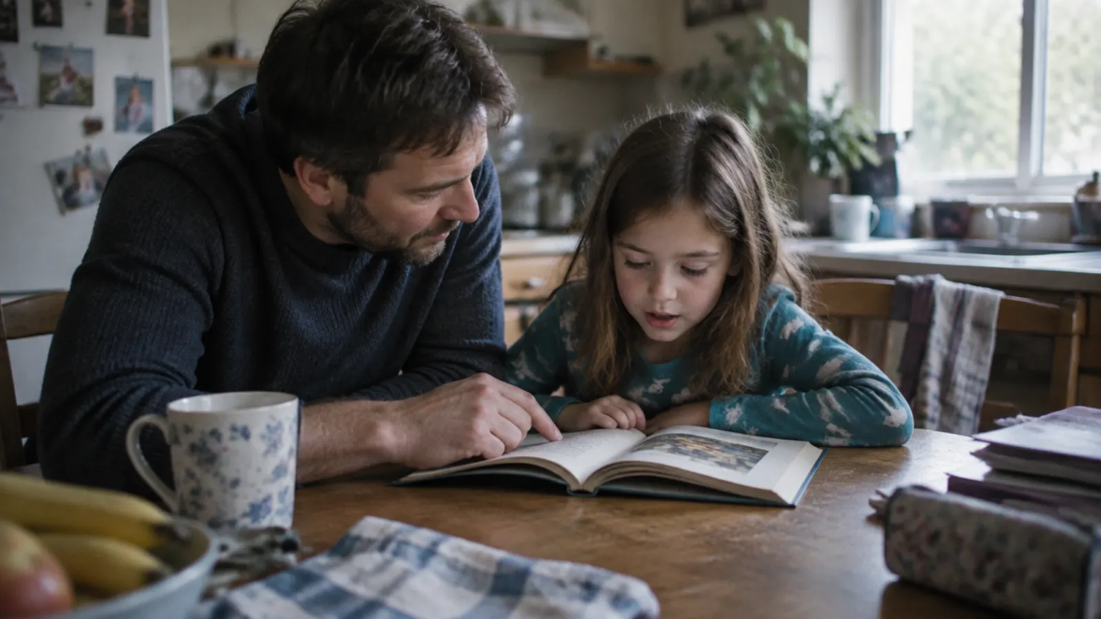 A father listens as his daughter reads aloud from a picture book at the kitchen table.