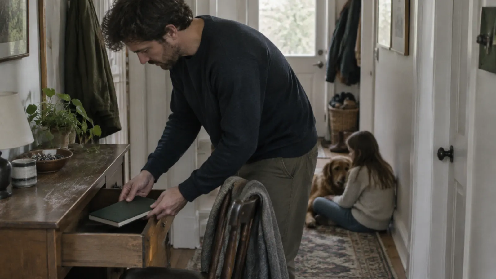 A father slides a closed notebook into a desk drawer in a hallway while his daughter sits with the dog behind him.