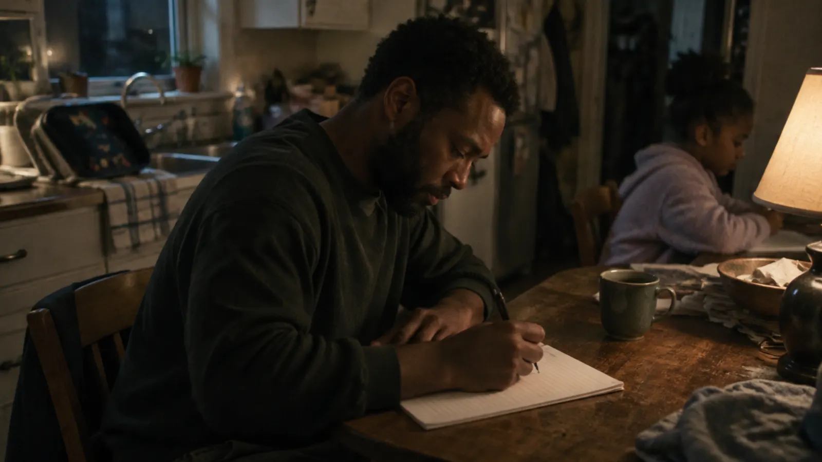 A father writes by hand on a lined pad at the kitchen table late at night while his daughter sits at the far end in lamplight.