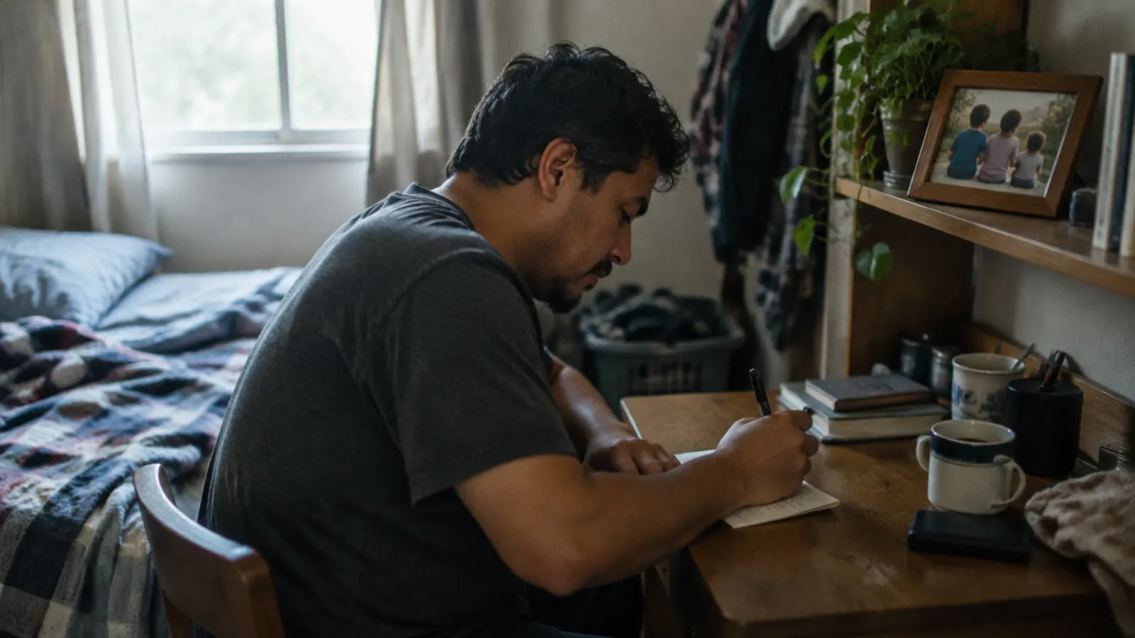 A father writes a note at a small desk in a bedroom beside a framed photo of three children on the shelf.